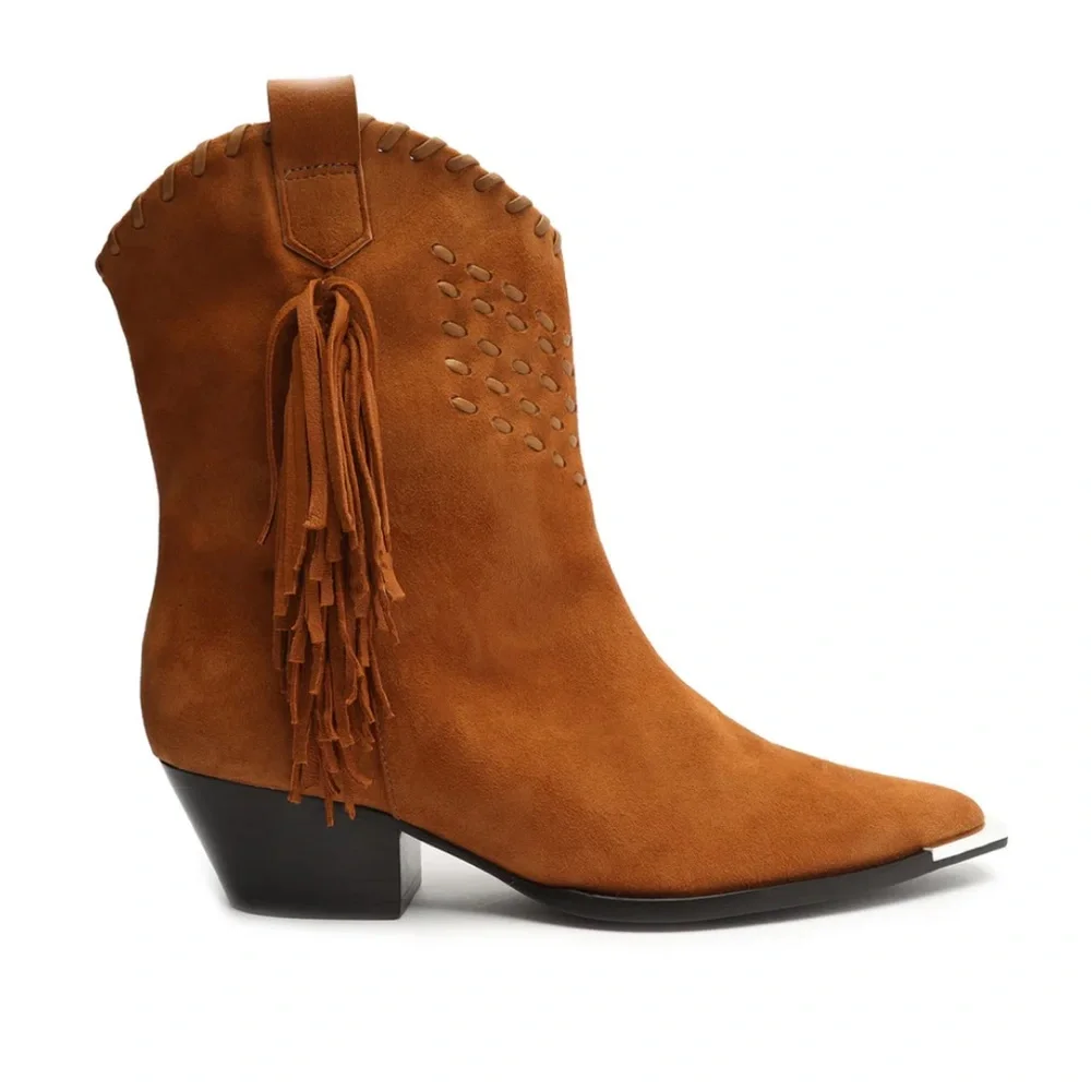 Schultz Tan Suede Fringed Western Heeled Boot - Picture 4 of 5